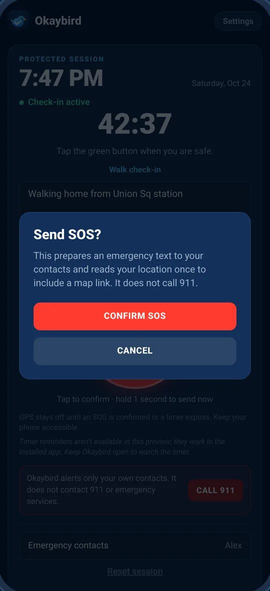 The SOS button: tap to confirm, or hold for 1 second to send