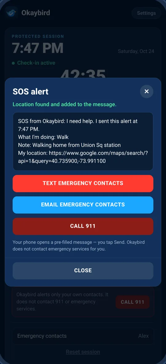 An SOS alert ready to send, with a Google Maps link to your location